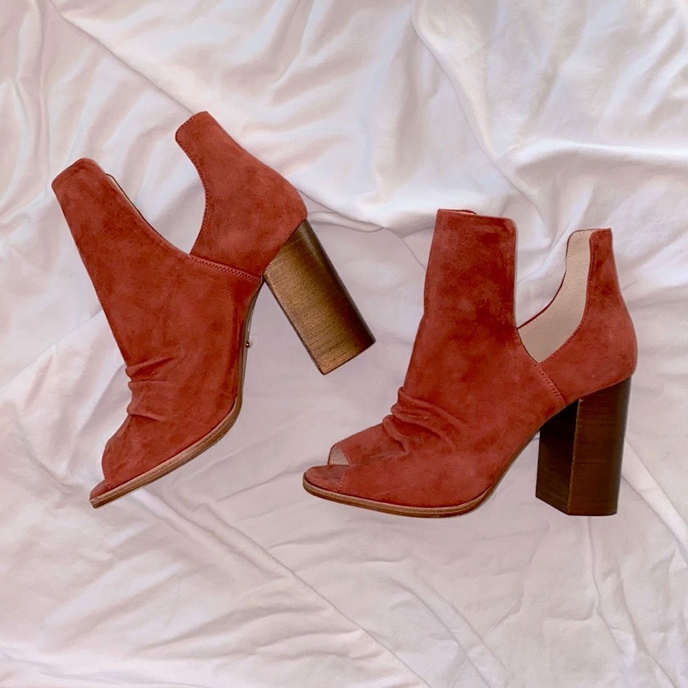 42 Gold Suede Peep Toe Chelsea Bootie